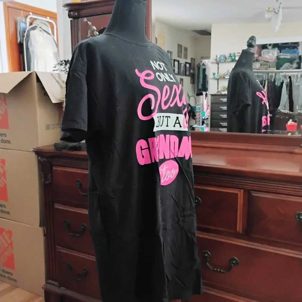 Long Black Short Sleeve Cotton Gown with Printed front - Picture 4 of 5